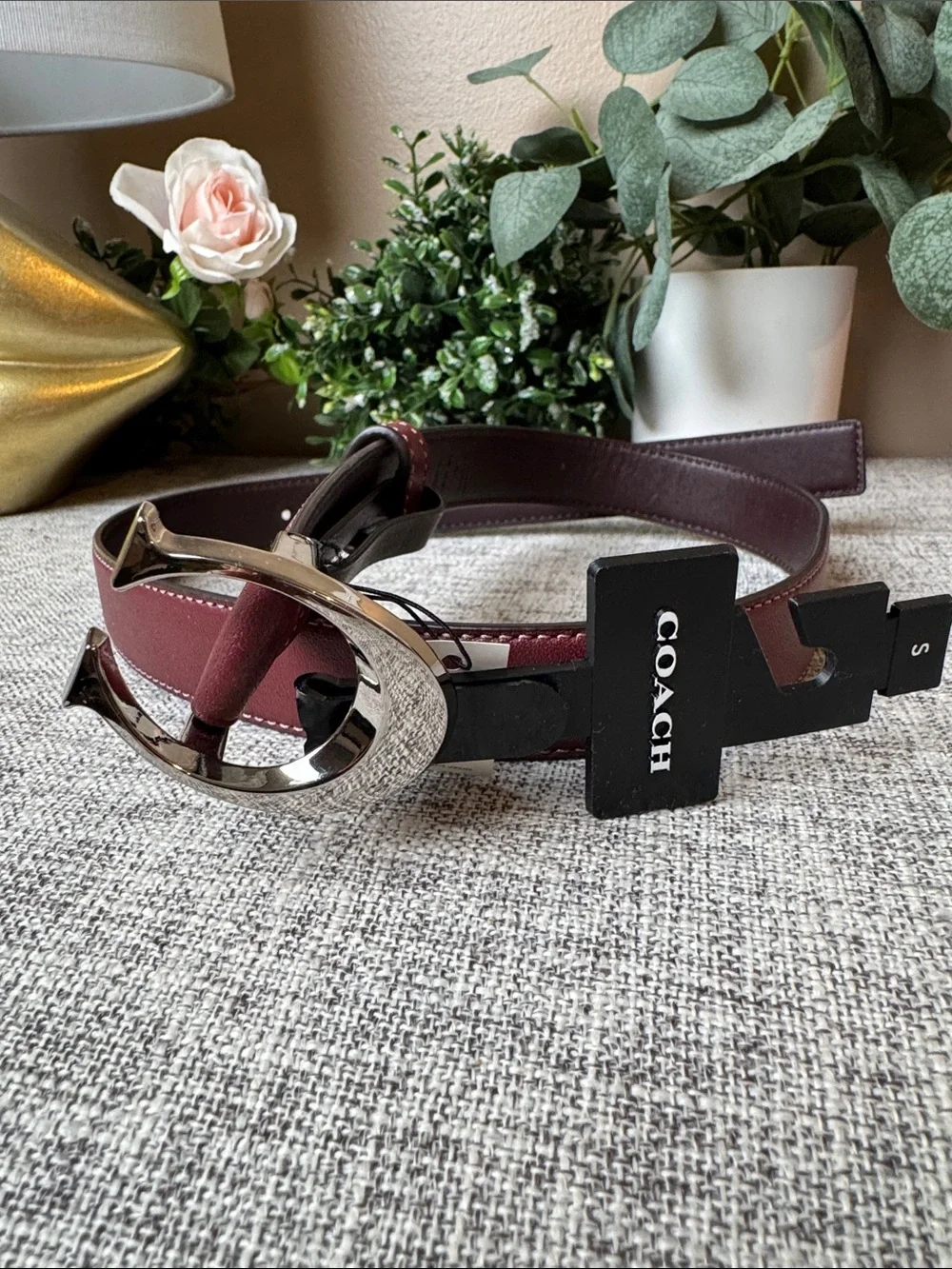 Coach Burgundy Leather Belt with Silver-Tone Buckle - Picture 5 of 5